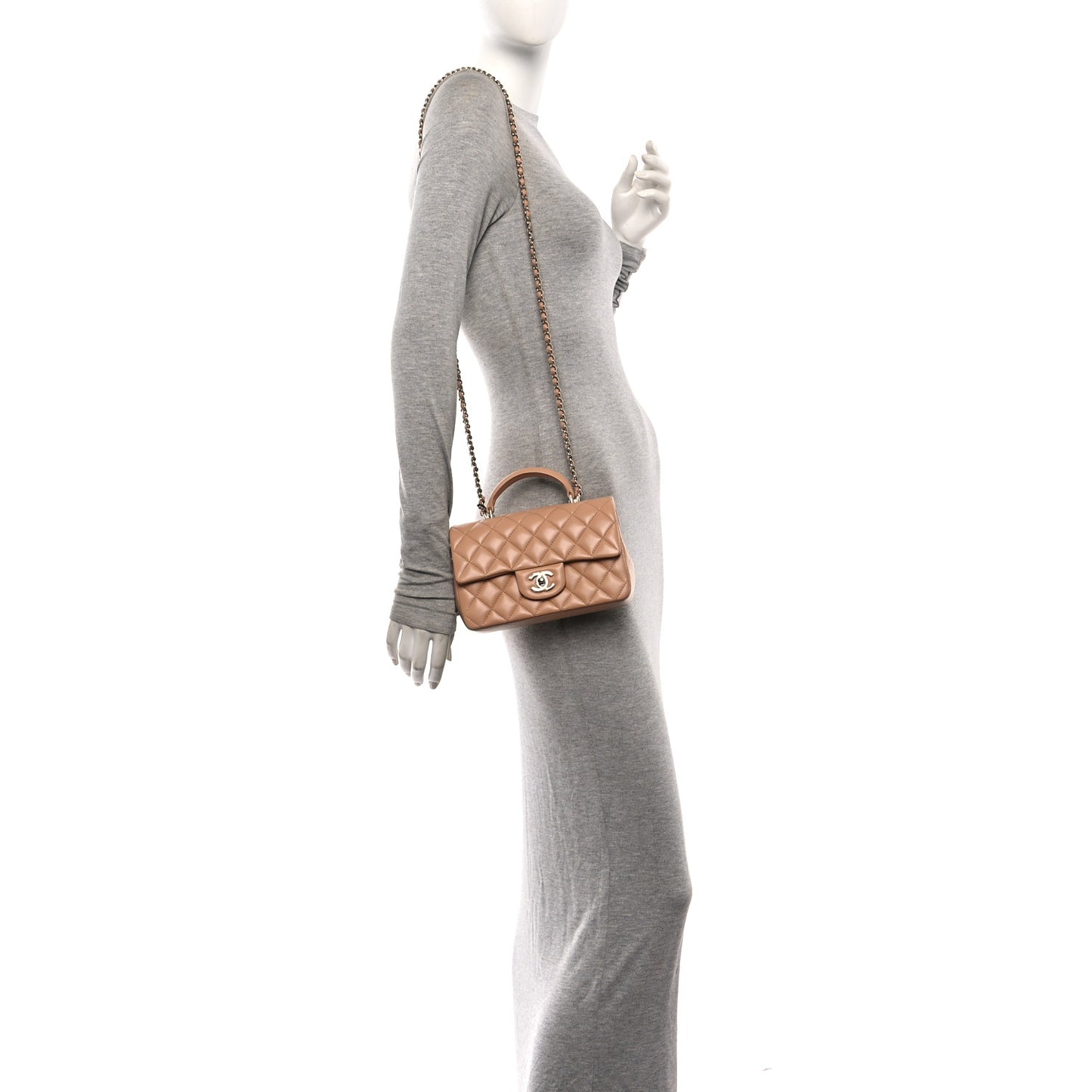 Lambskin Quilted Mini Top Handle Rectangular Flap Dark Beige