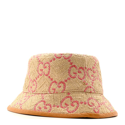 Gucci Raffia GG Monogram Embroidered Fedora Hat S Beige Pink 1 of 11