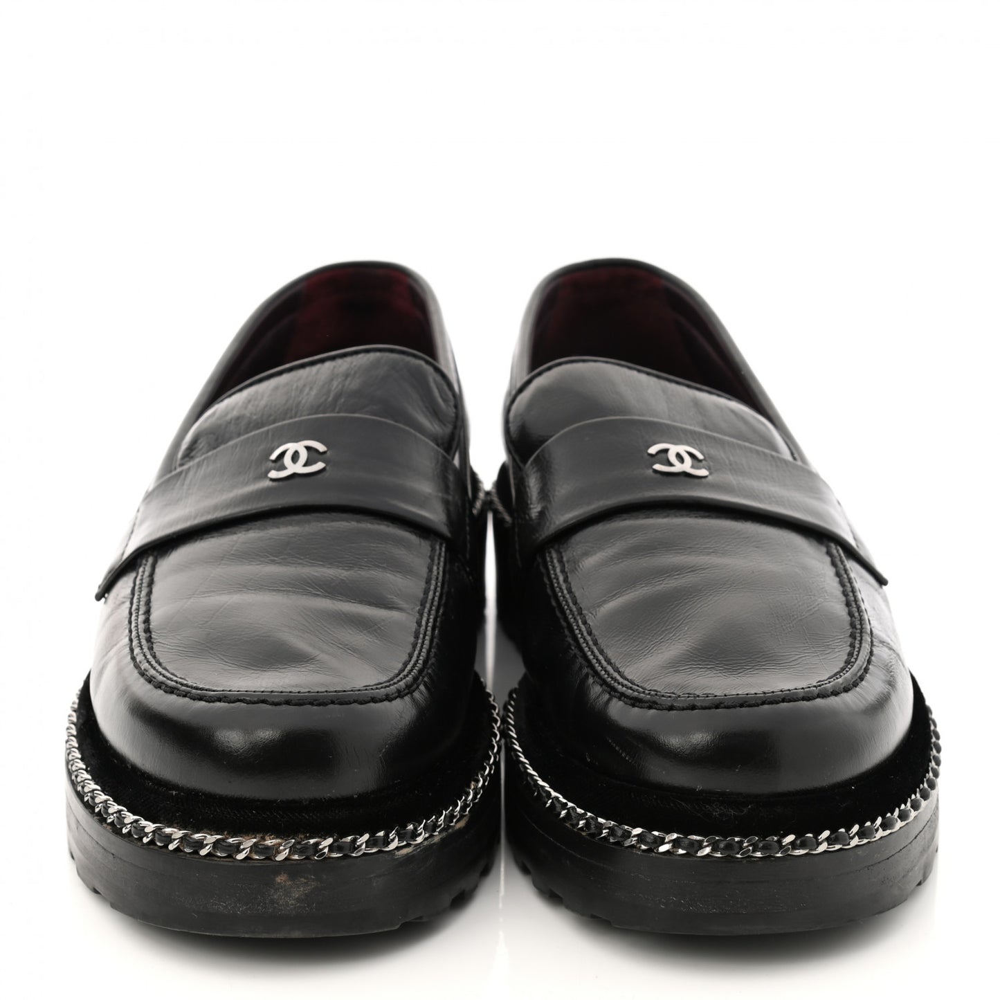 Crinkled Calfskin Velvet CC Chain Mocassin Loafers 38.5 Black