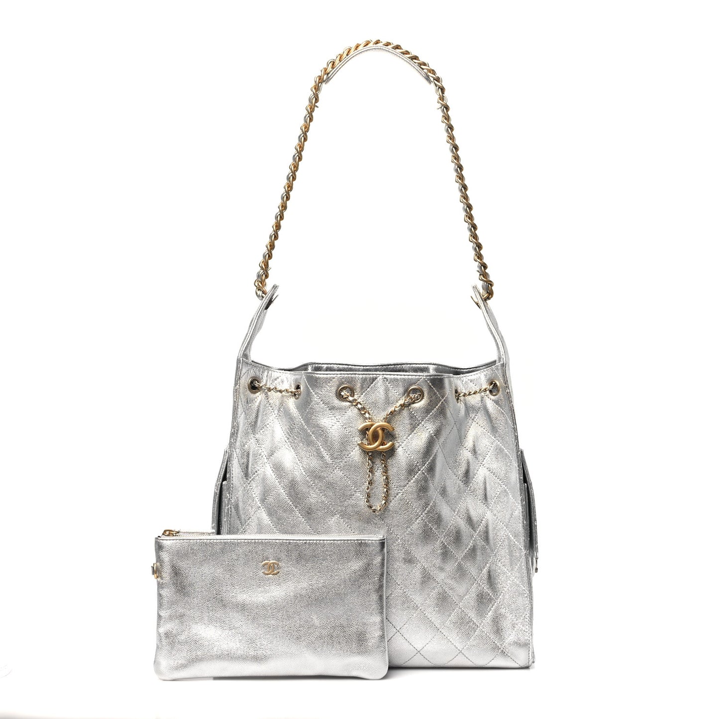 Metallic Caviar Quilted Medium Chanel 25 Handbag Silver