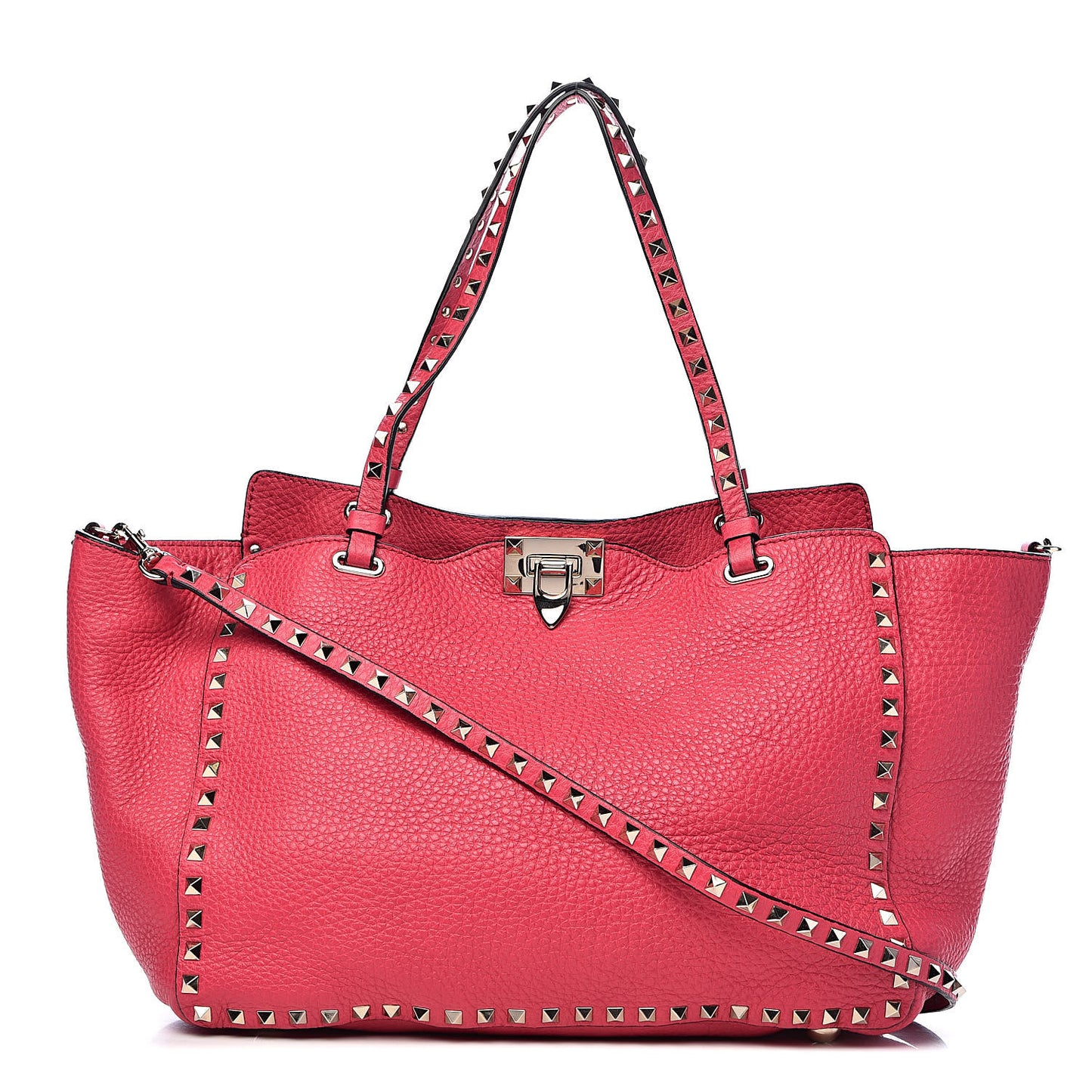 Pebbled Calfskin Medium Rockstud Tote Deep Fuxia