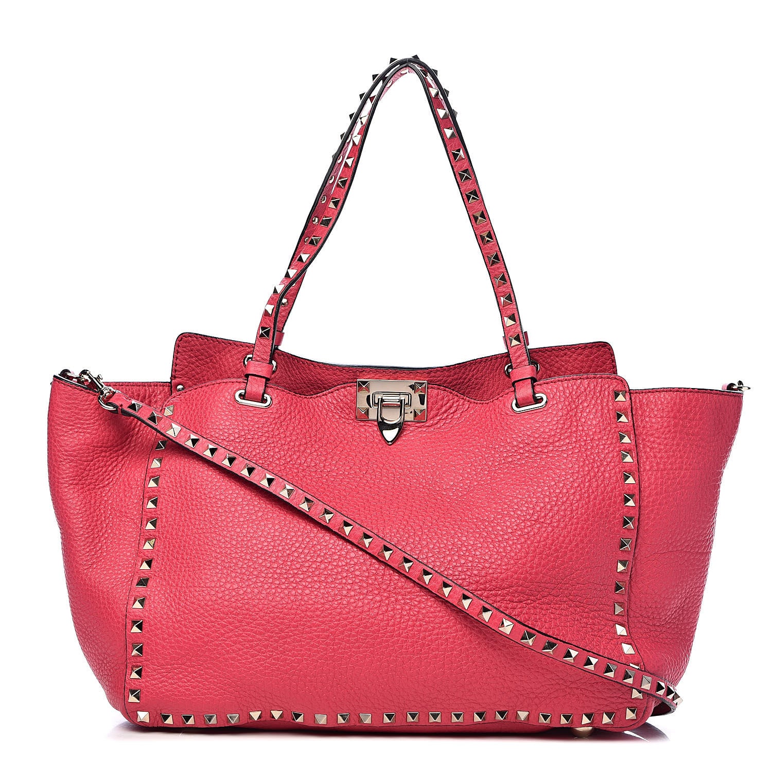 Valentino Garavani Pebbled Calfskin Medium Rockstud Tote Deep Fuxia 1 of 10
