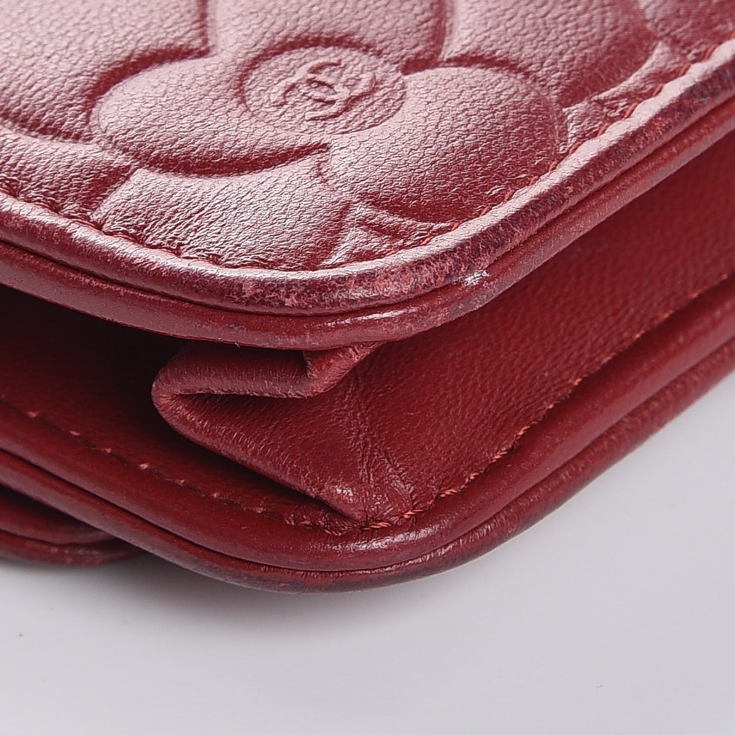 Lambskin Camellia Embossed Wallet On Chain WOC Dark Red