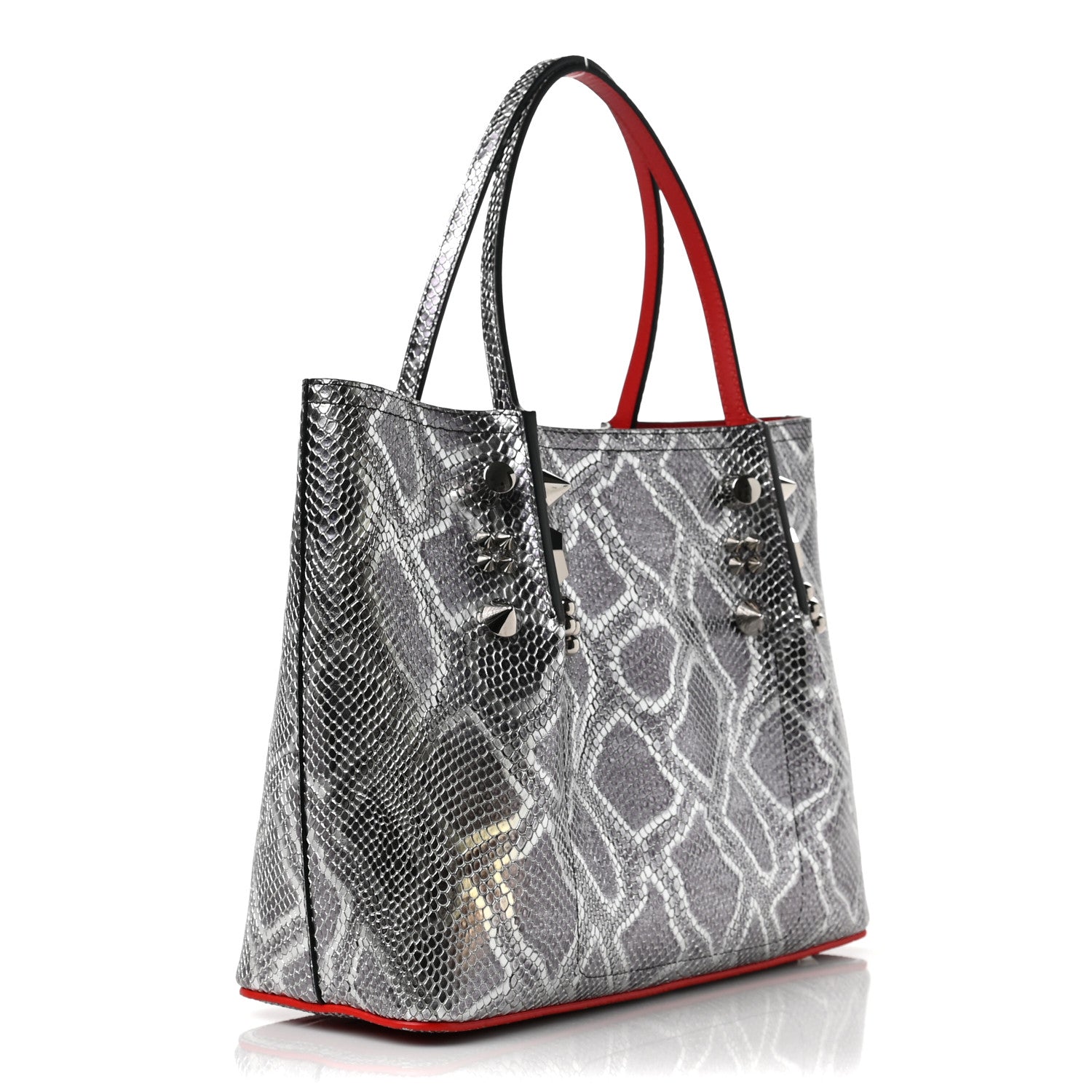 Christian Louboutin Python Embossed Calfskin Spiked Small Cabarock Shopper Tote Silver 2 of 5