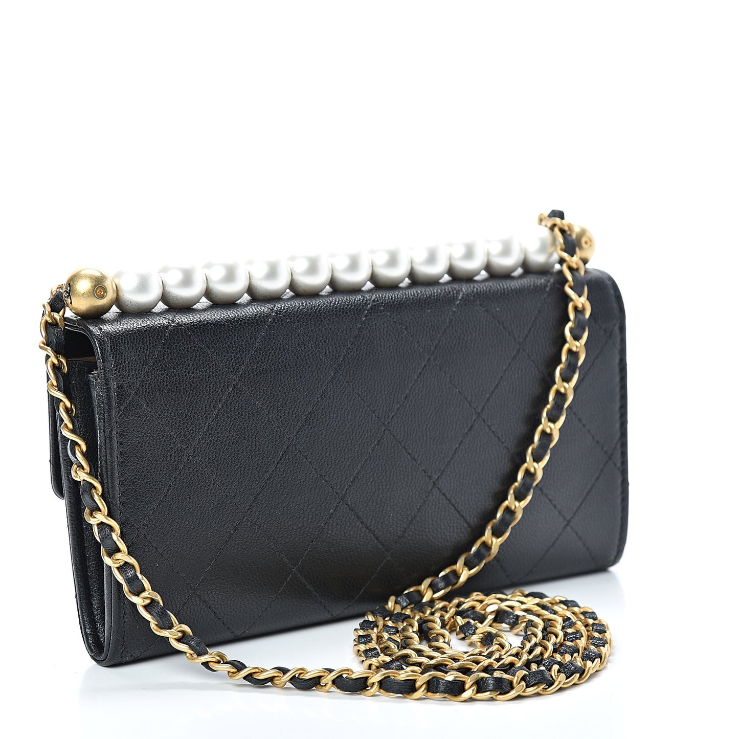 Goatskin Quilted Chic Pearls Clutch With Chain Black