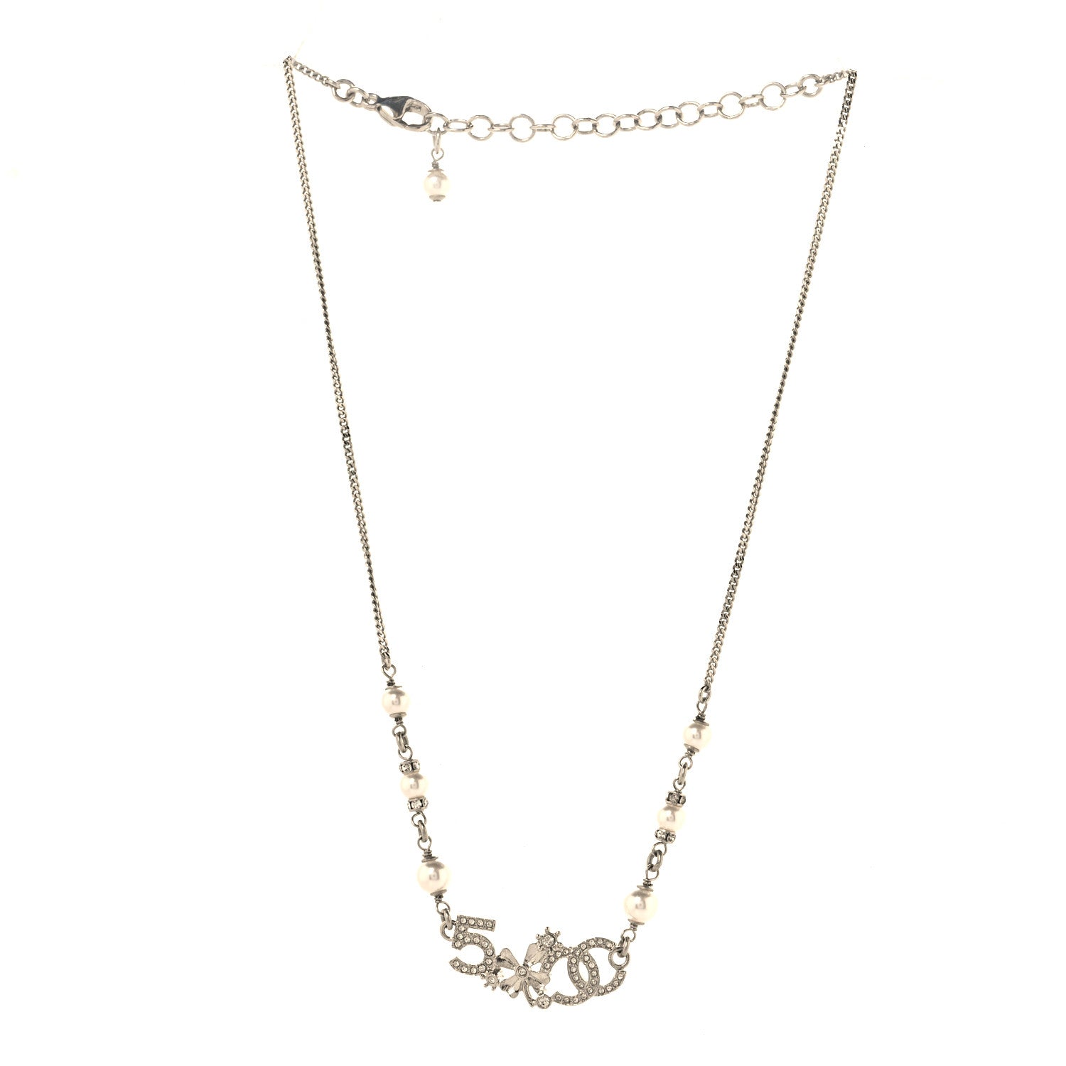 Chanel Crystal Pearl Star 5 CC Necklace Silver White 1974208
