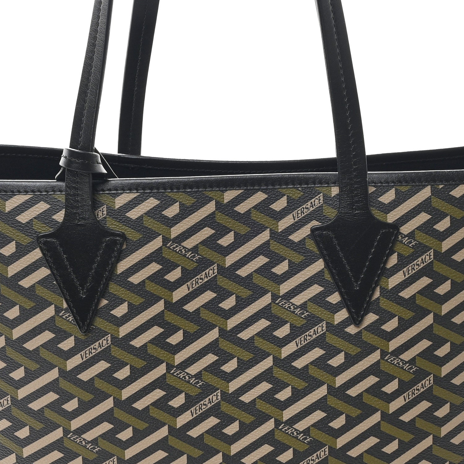 Versace Canvas Calfskin Monogram La Greca Medusa Tote Black Khaki 8 of 12