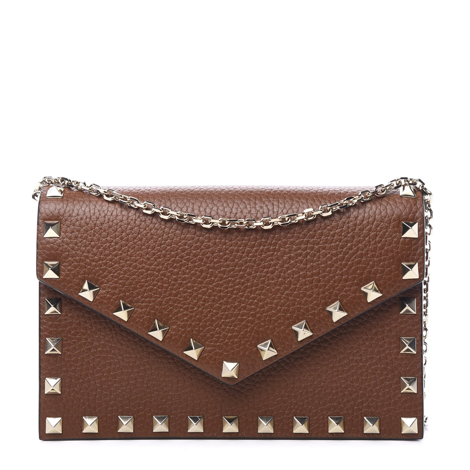 Valentino Garavani Pebbled Calfskin Rockstud Envelope Wallet on Chain Bright Cognac 1 of 8