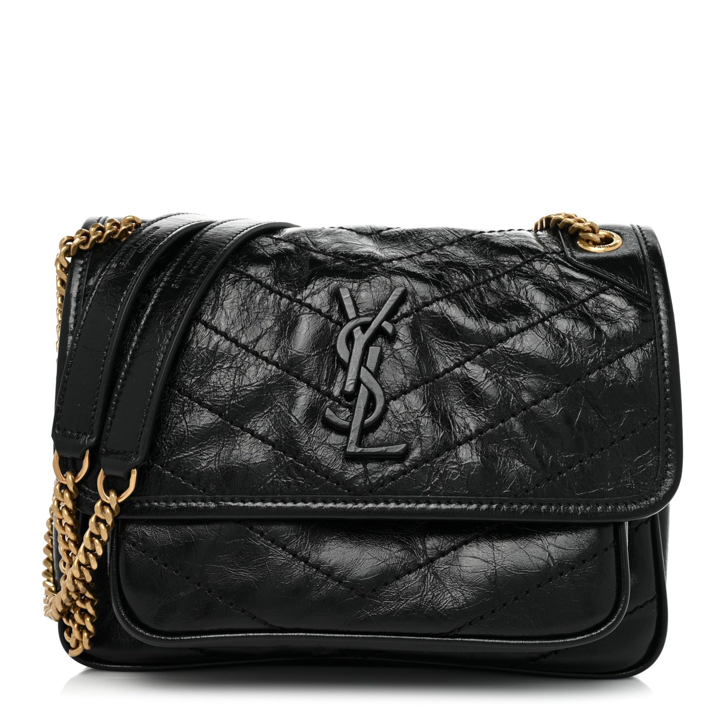 Crinkled Lambskin Matelasse Monogram Baby Niki Chain Satchel Black