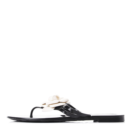Chanel Jelly Camellia Thong Sandals 40 Black Ivory 1 of 10