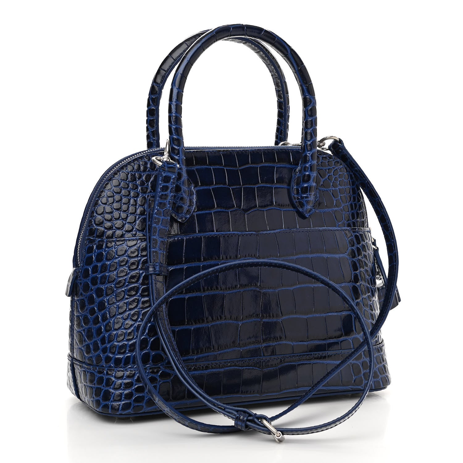 Balenciaga Shiny Calfskin Logo Crocodile Embossed S Ville Top Handle Bag Navy White 3 of 13
