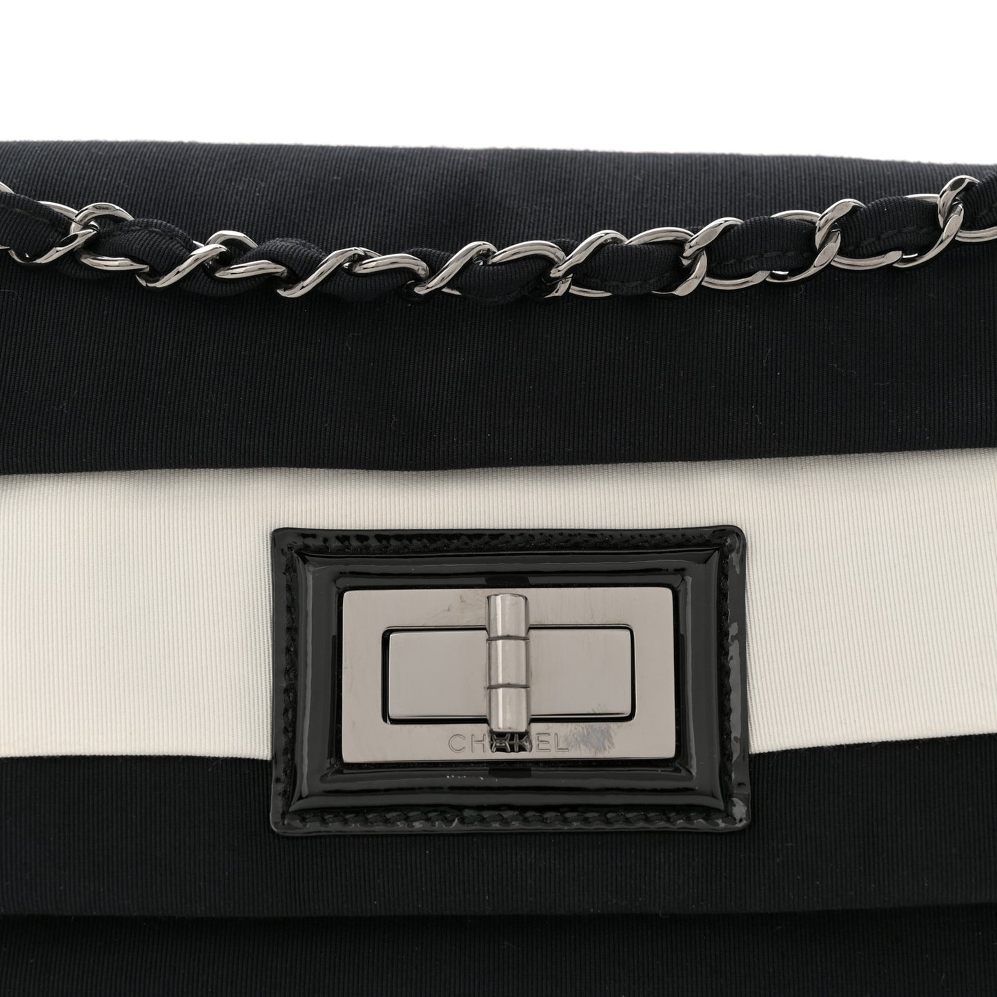 Grosgrain Stripy Mademoiselle Flap Bag Black White
