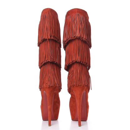 Christian Louboutin Suede Highness Tina Fringe Platform Peep Toe Boots 41 Red Brick 6 of 9