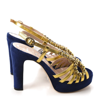 Gucci Velvet Nappa Crystal Zephyra Slingback Platform High Heel Sandals 36 Blue Gold 4 of 9
