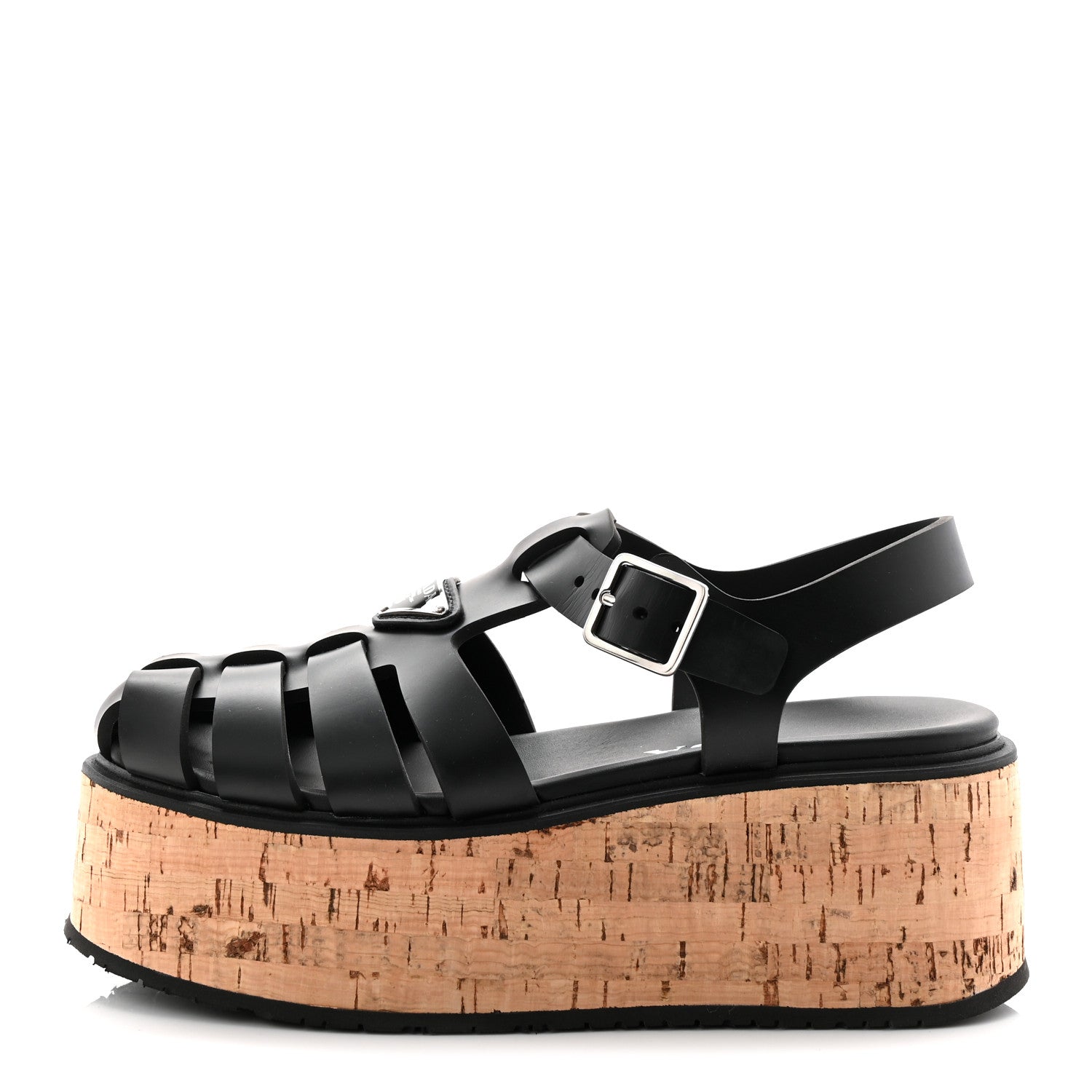 Prada Foam Rubber Cork Triangle Logo Platform Cage Sandals 38 Black 1 of 10