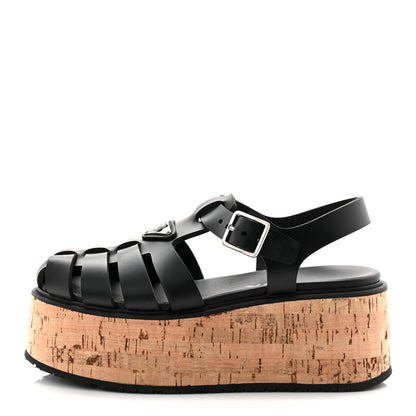 Prada Foam Rubber Cork Triangle Logo Platform Cage Sandals 38 Black 1 of 10
