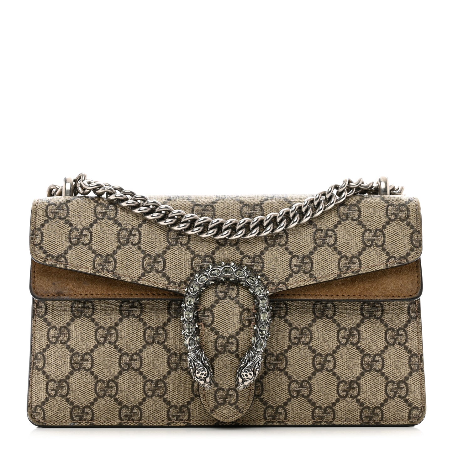 GG Supreme Monogram Suede Crystal Small Dionysus Shoulder Bag Beige Ebony Taupe
