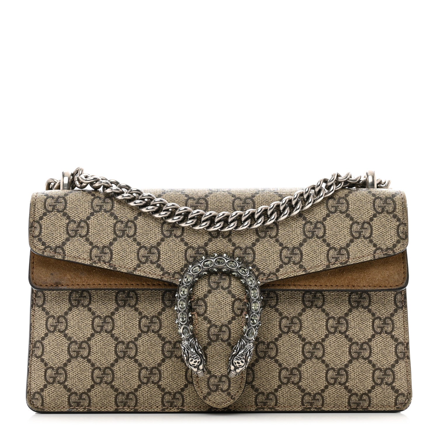 Gucci GG Supreme Monogram Suede Crystal Small Dionysus Shoulder Bag Beige Ebony Taupe 1 of 14