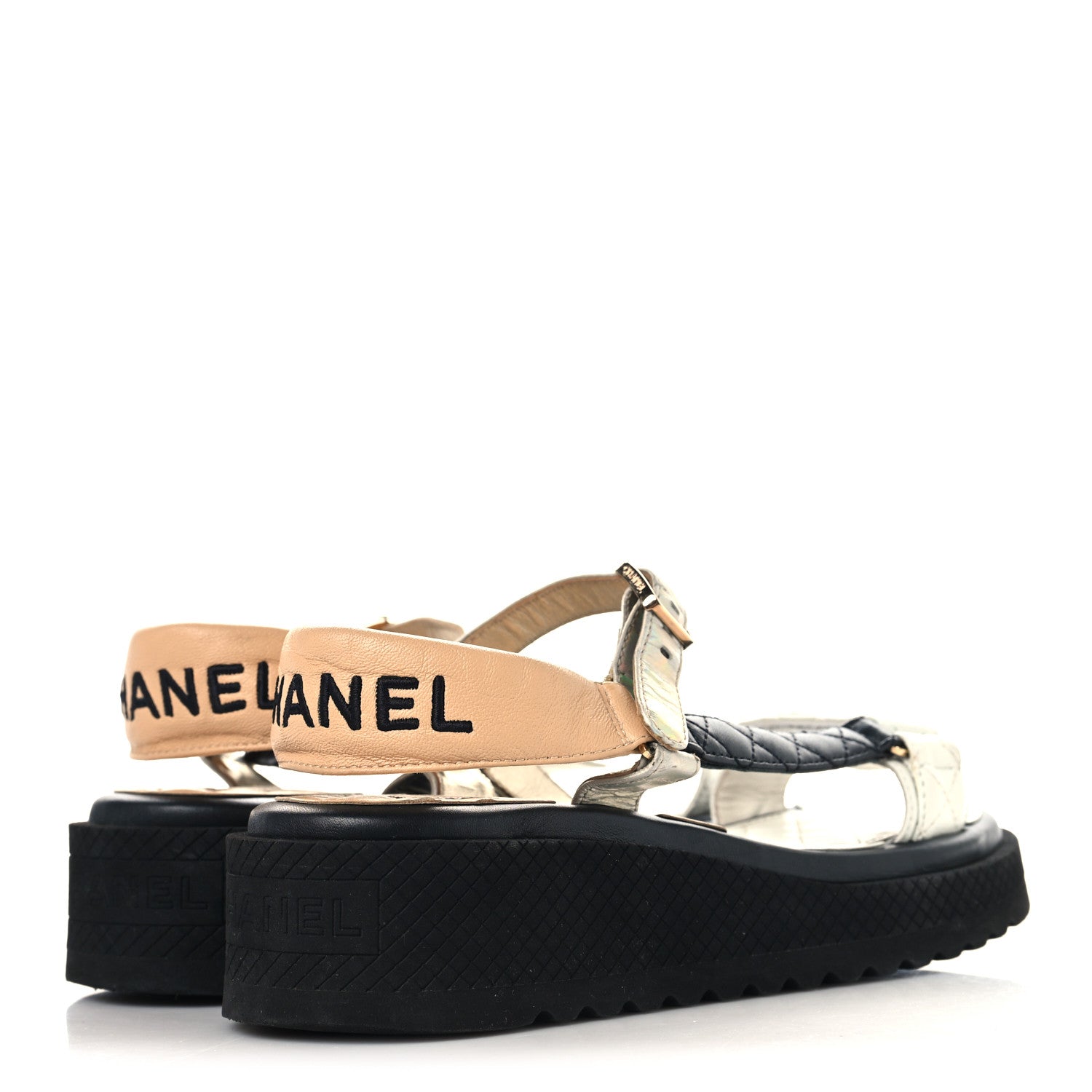 Chanel Lambskin Logo Platform Sandals 38.5 Beige Gold White 5 of 9