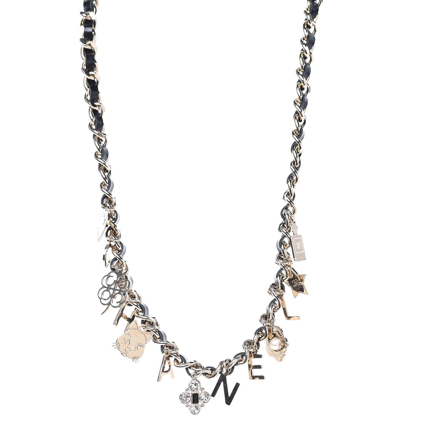 Glazed Calfskin Chain Charm Logo Short Necklace Gold Black