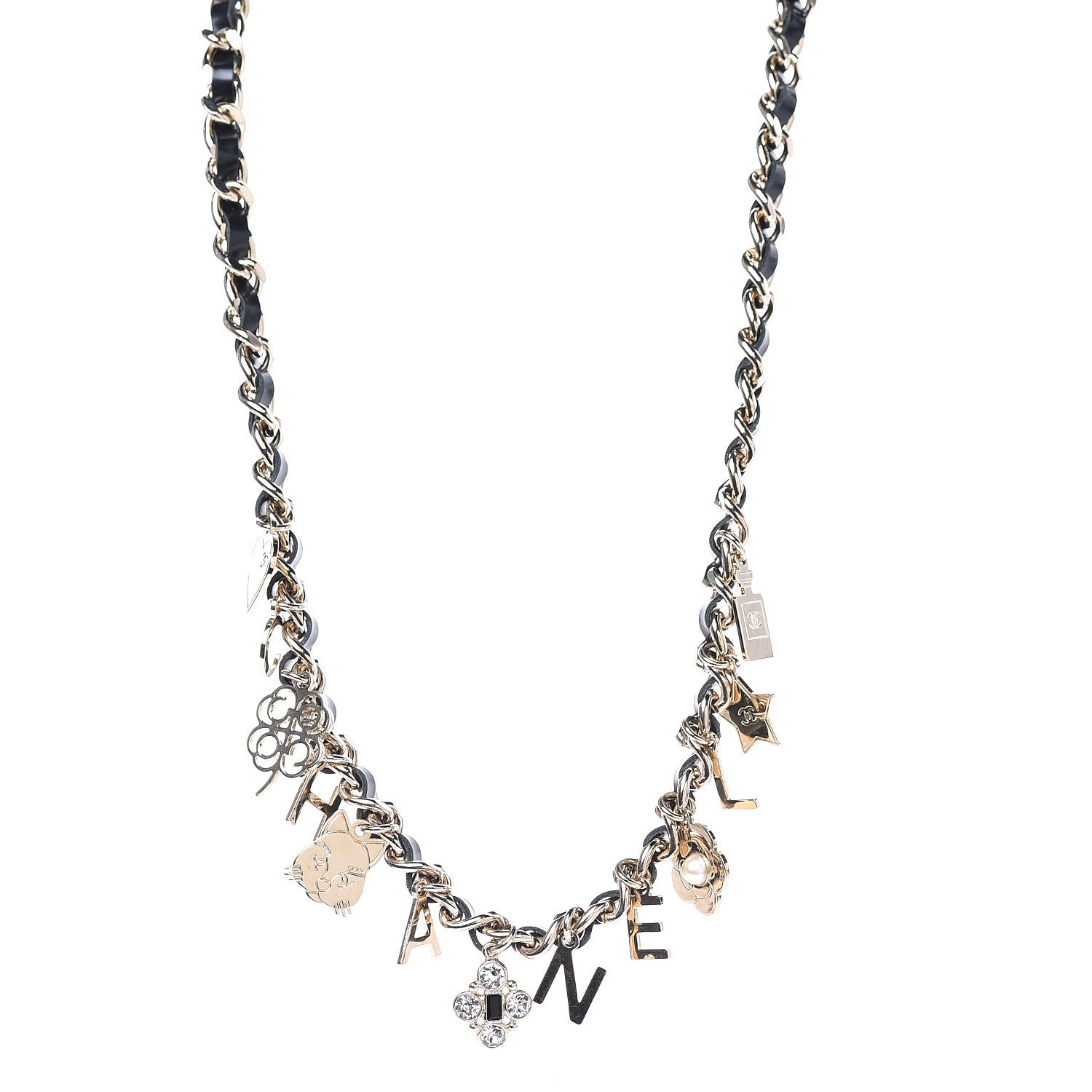 Chanel Glazed Calfskin Chain Charm Logo Short Necklace Gold Black 1 of 5