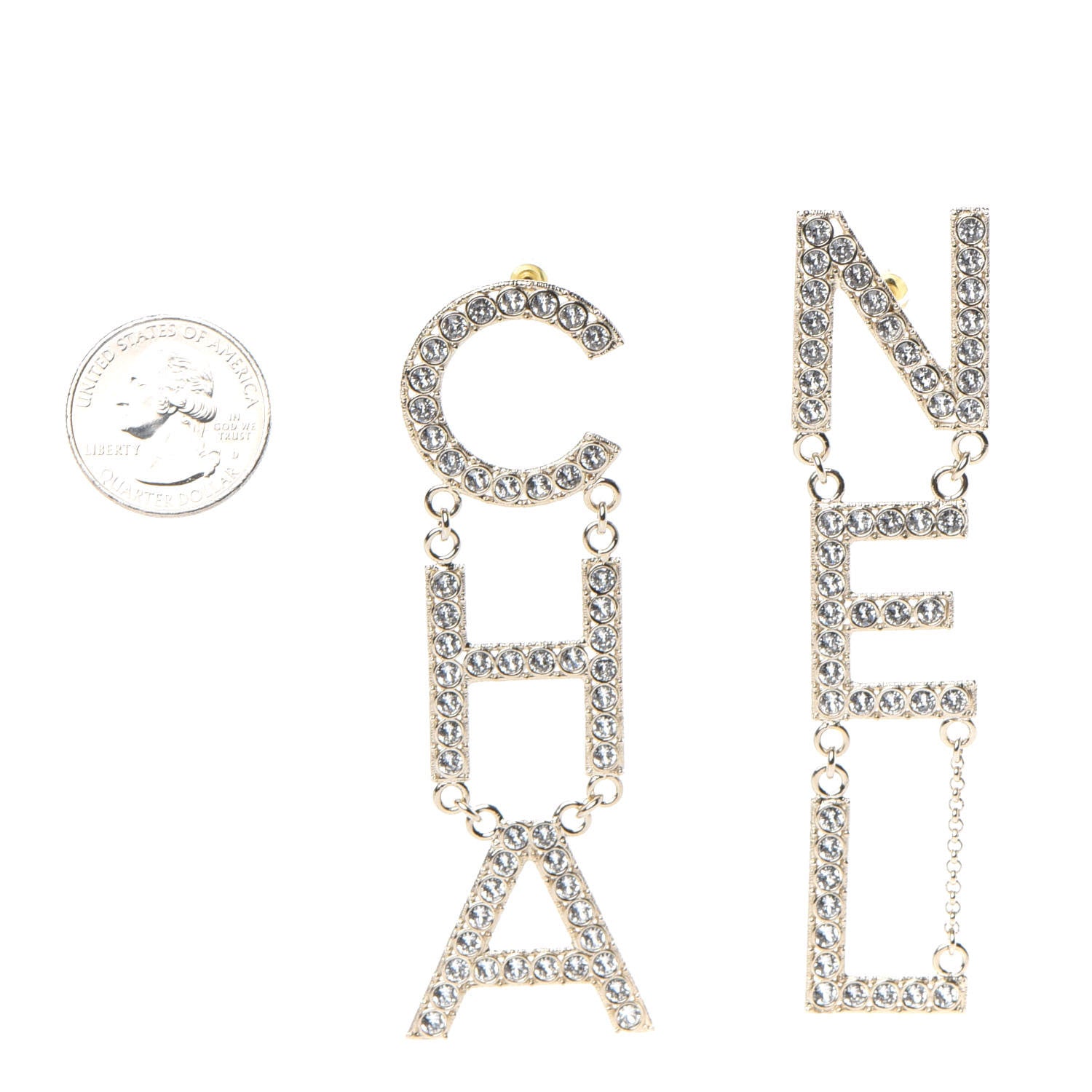 Chanel Crystal Cha-Nel Logo Drop Earrings Gold 2 of 4