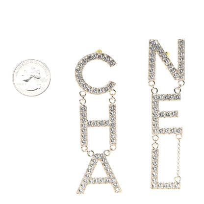 Chanel Crystal Cha-Nel Logo Drop Earrings Gold 2 of 4
