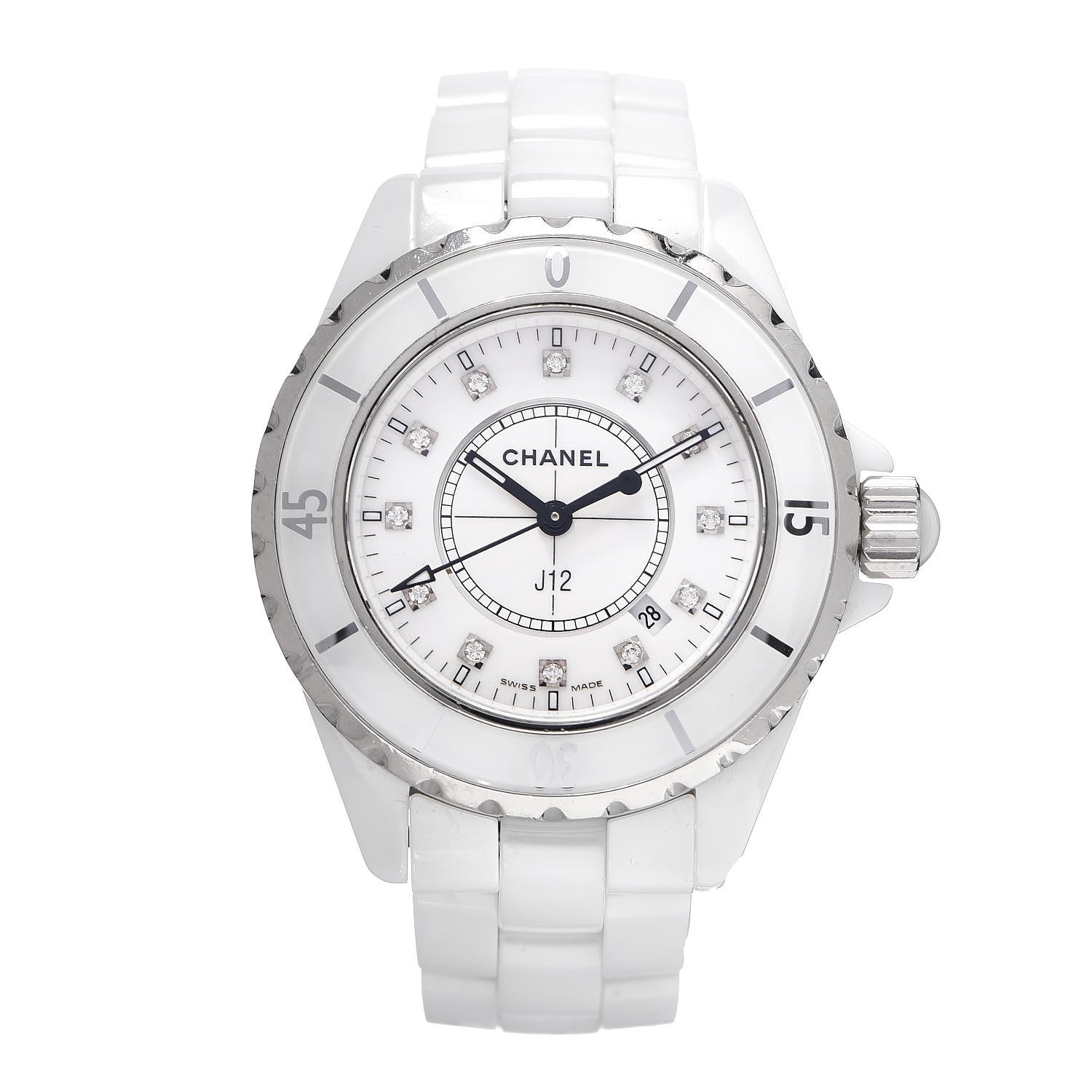 Chanel Stainless Steel Ceramic Diamond 33mm J12 Quartz Watch White 1 of 6