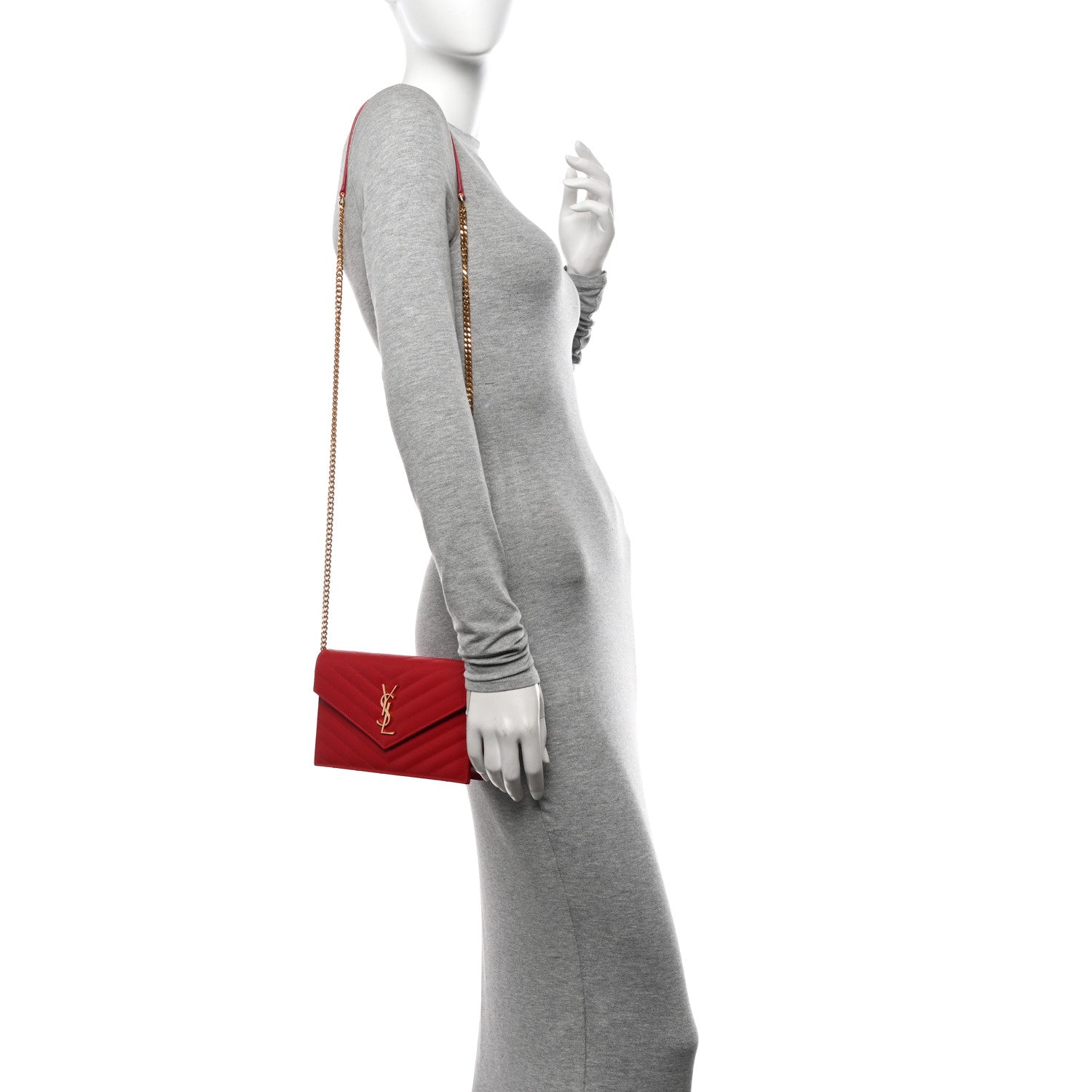 Saint Laurent Grain De Poudre Matelasse Chevron Monogram Envelope Chain Wallet  New Red 2 of 14