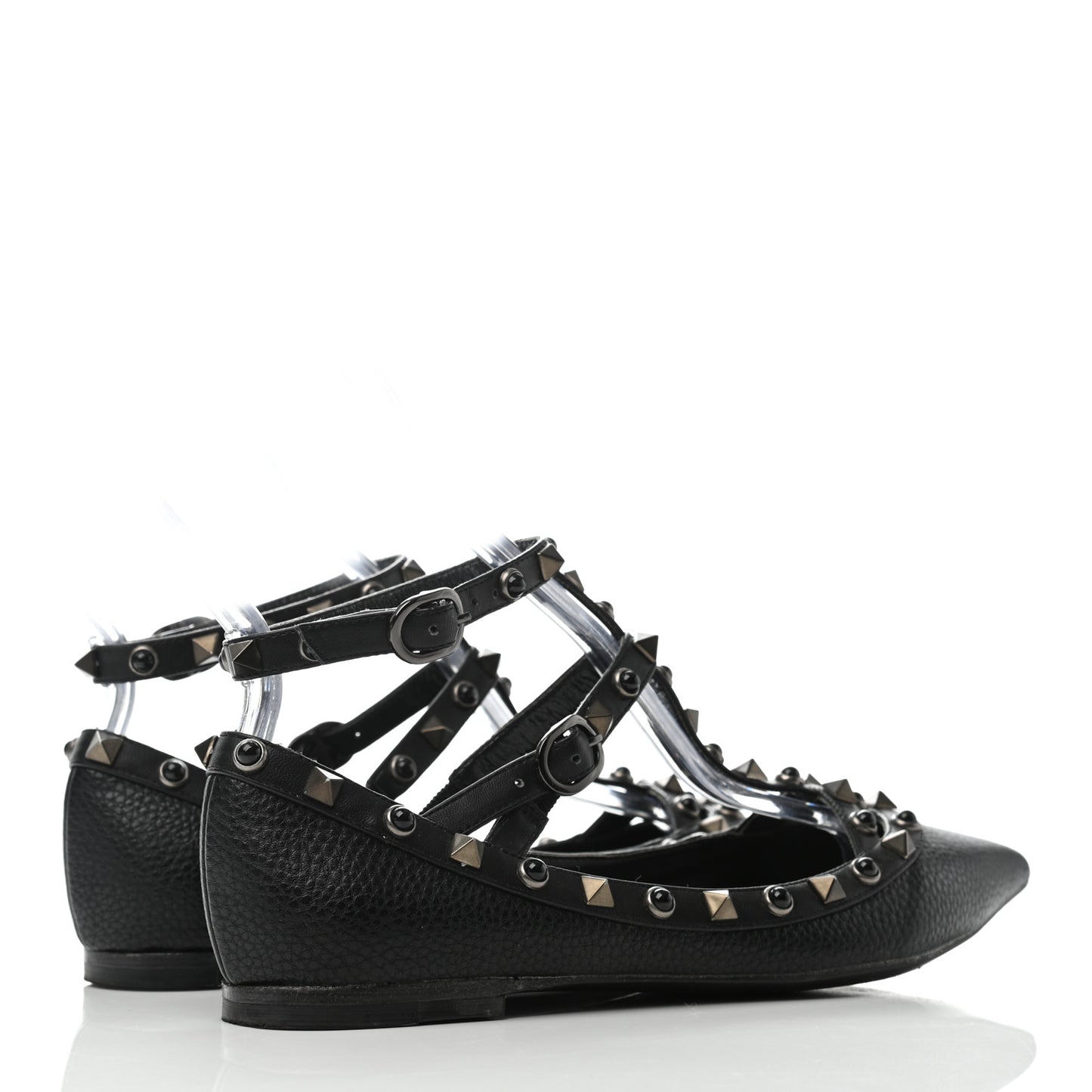 Pebbled Calfskin Onyx Rockstud Rolling Cage Ballerina Flats 36 Black
