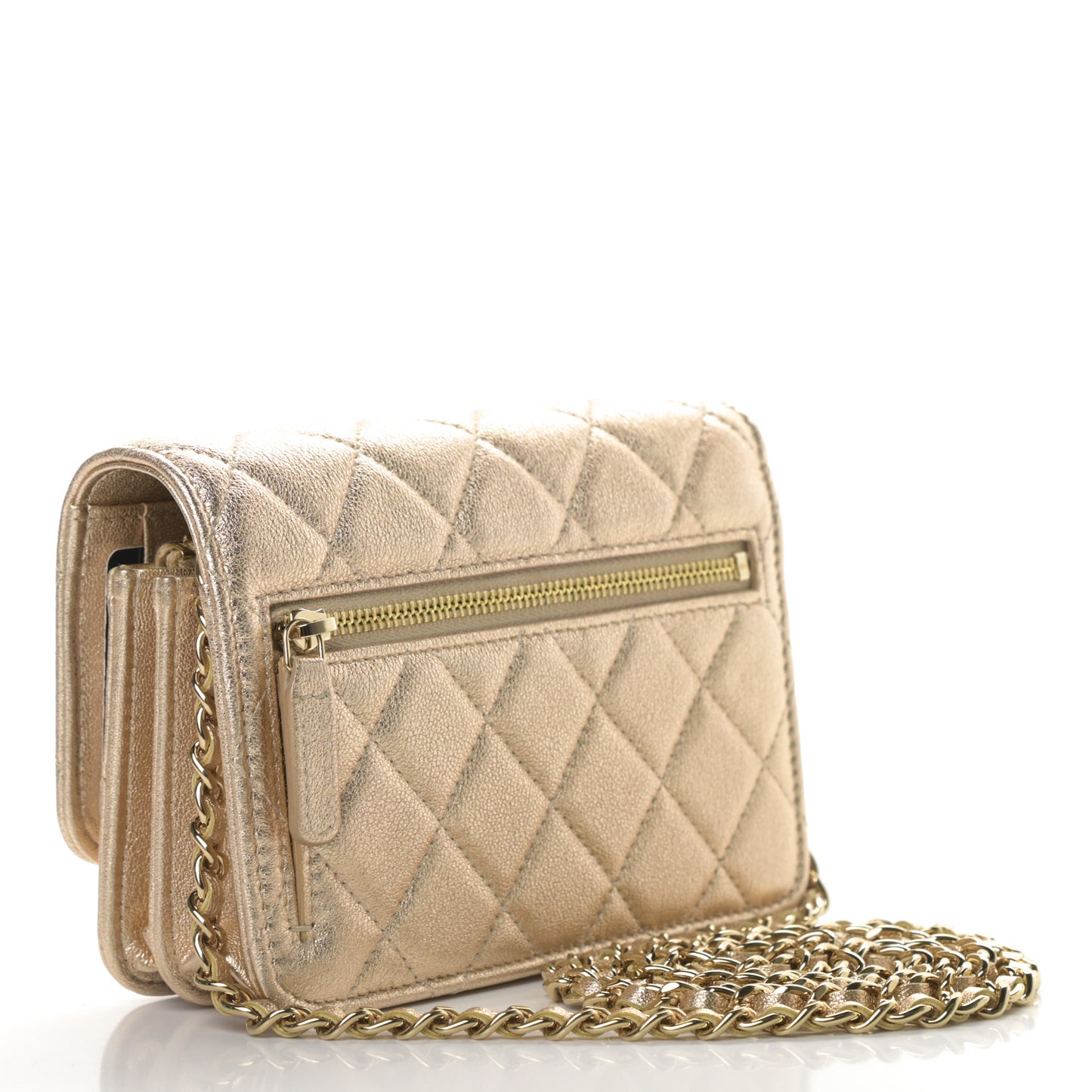 Metallic Lambskin Quilted Mini Wallet On Chain WOC Gold