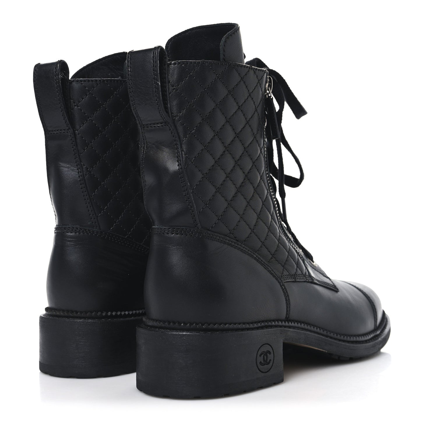 Calfskin Quilted Lace Up Combat Boots 40 Black