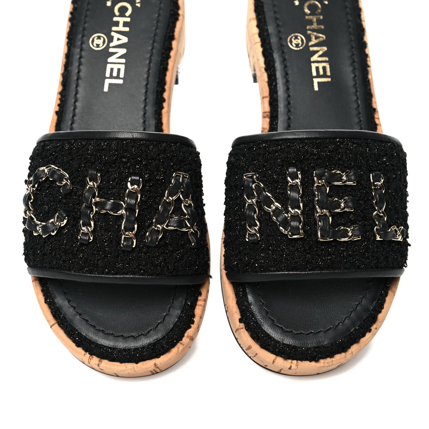 Tweed Cork CC Chain Mule Sandal 37 Black
