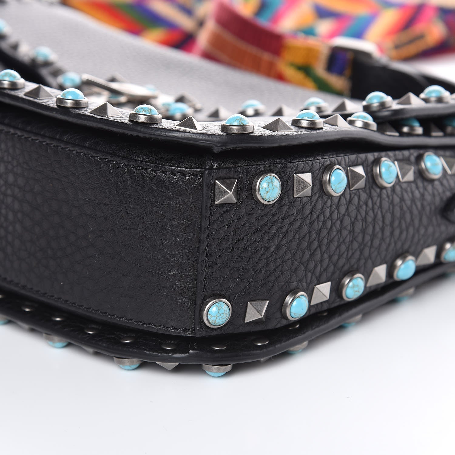 Valentino Garavani Pebbled Calfskin Turquoise Medium Guitar Strap Rockstud Rolling Flap Saddle Bag Black 9 of 11