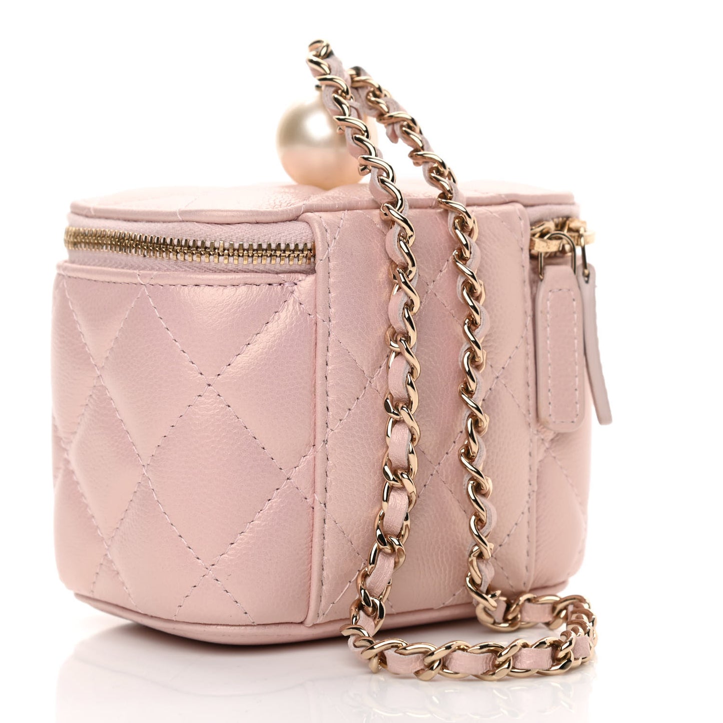 Iridescent Caviar Quilted Mini Pearl On Top Vanity Case With Chain Light Pink