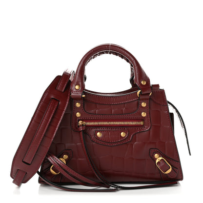 Balenciaga Semi Shiny Calfskin Crocodile Embossed Neo Classic Gold Hardware Mini City Dark Red 1 of 10