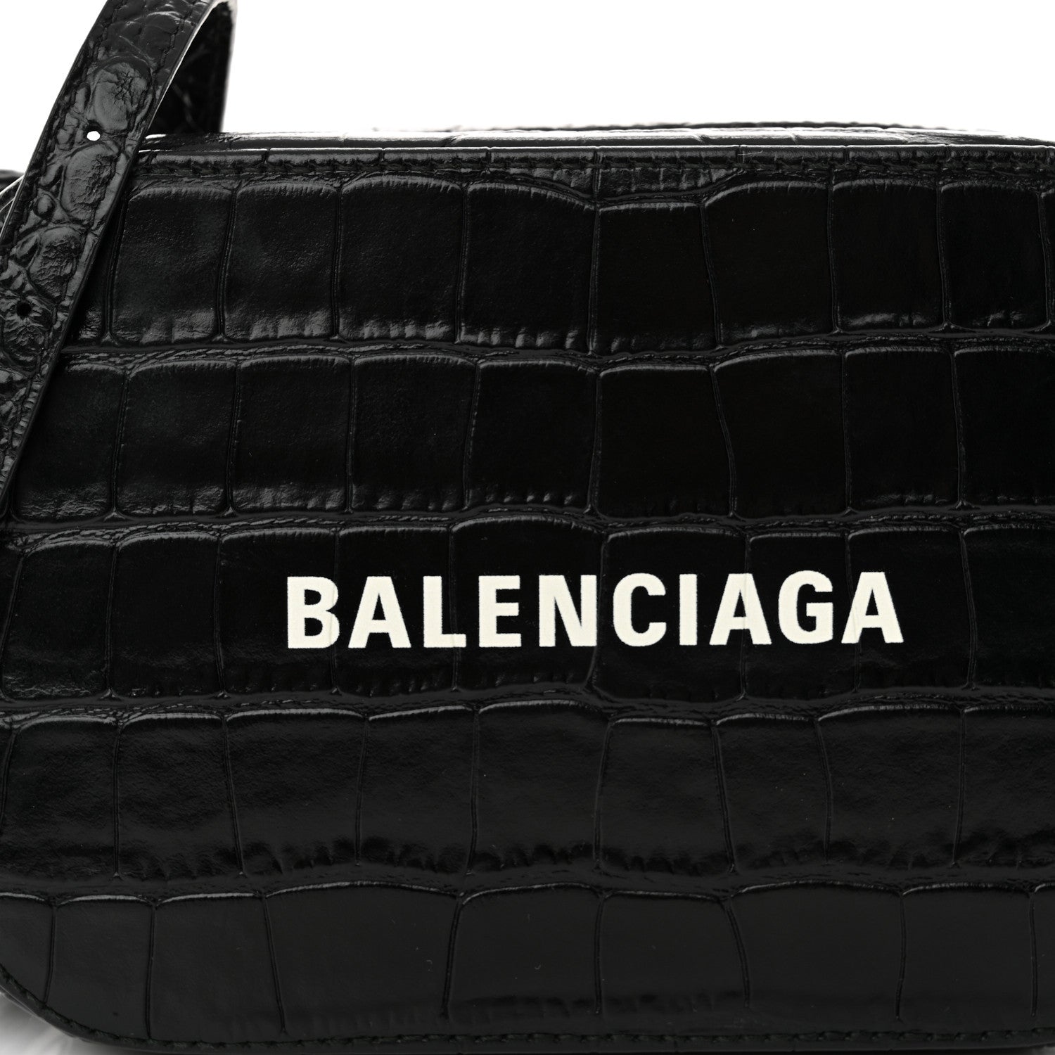 Balenciaga Shiny Calfskin Logo Crocodile Embossed XS Everyday Camera Bag Black 8 of 12