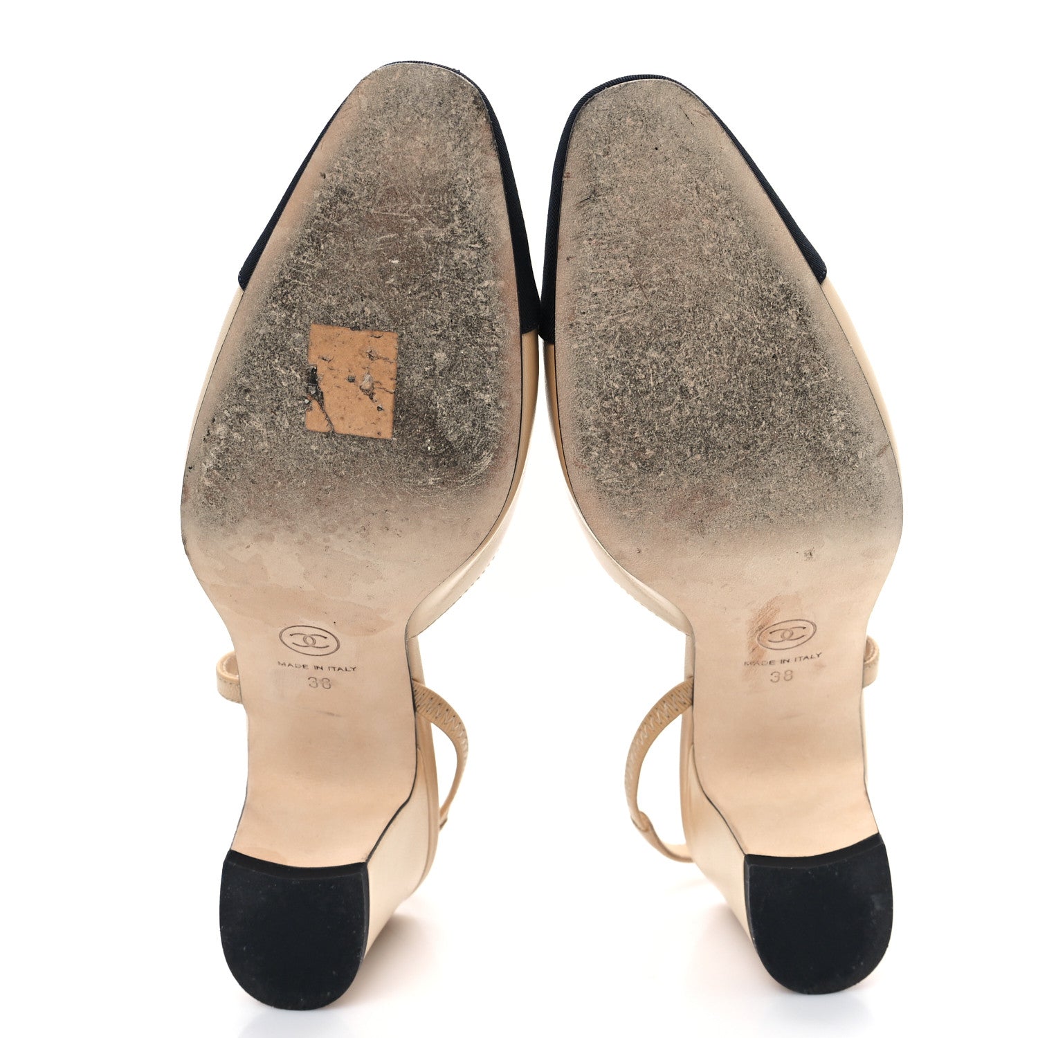 Chanel Goatskin Grosgrain Cap Toe CC Slingback Pumps 38 Beige Black 6 of 11