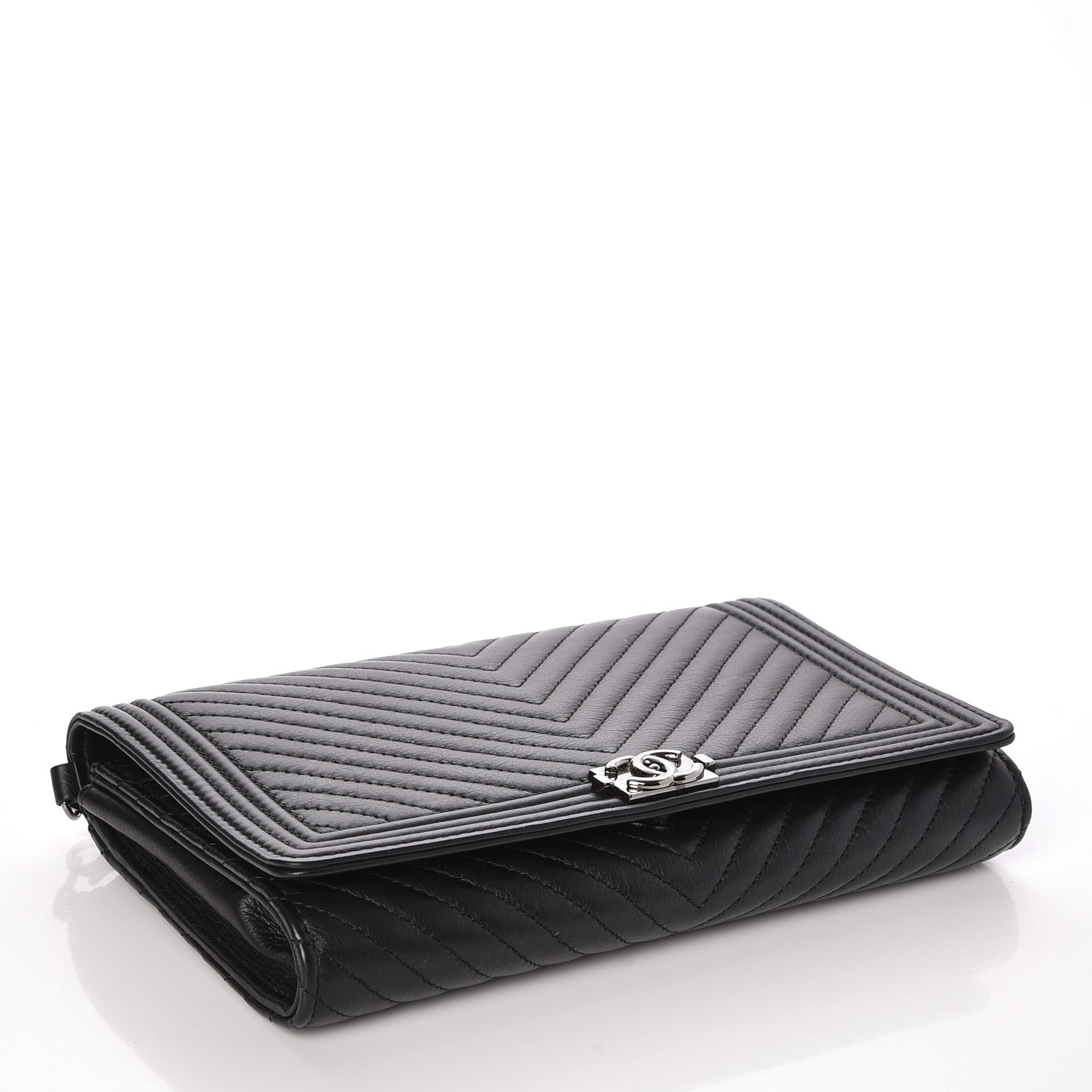 Chanel Calfskin Chevron Boy Wallet On Chain WOC Black 4 of 9
