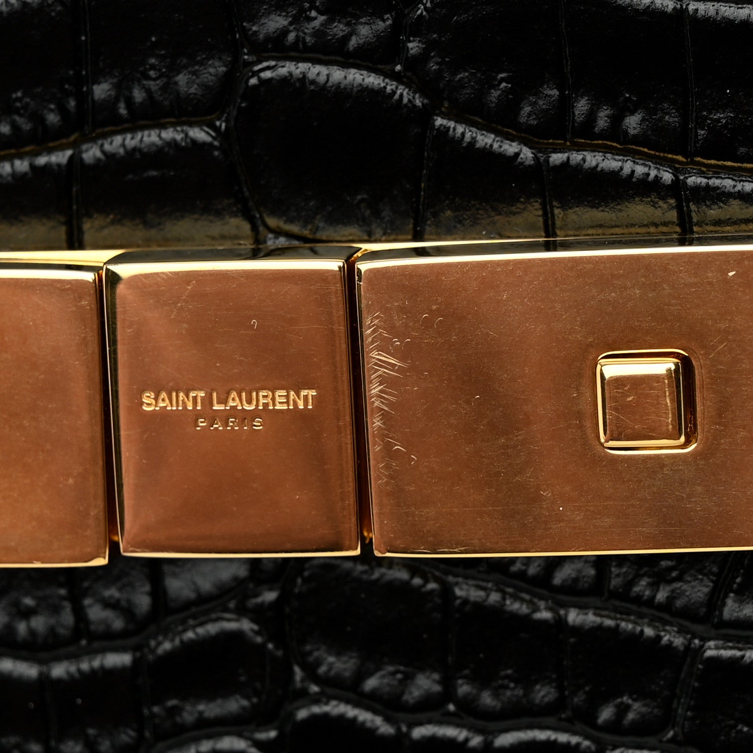 Saint Laurent Shiny Calfskin Crocodile Embossed Manhattan Baguette Black 12 of 12