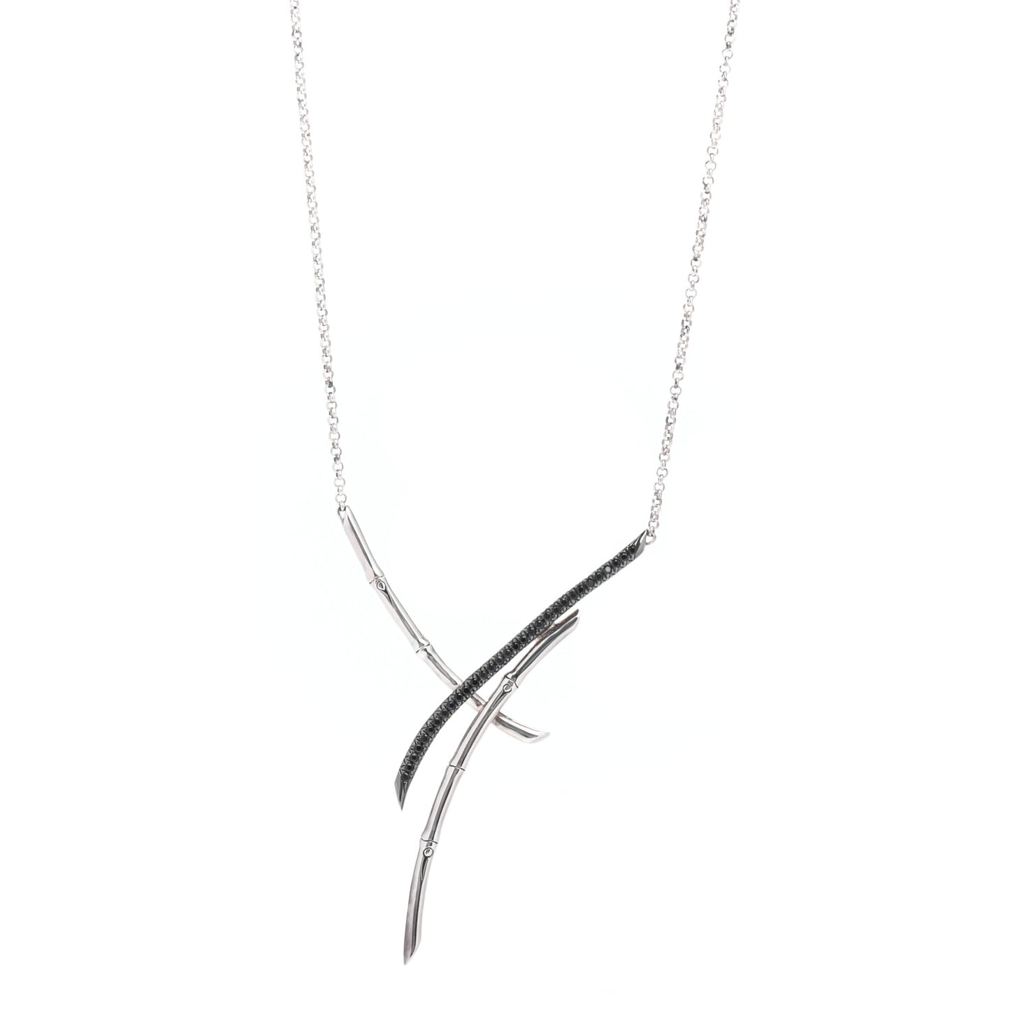 Sterling Silver Black Sapphire Spinel Bamboo Overlapping Branch Pendant Necklace
