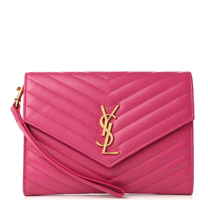 Saint Laurent Grain De Poudre Matelasse Chevron Monogram Envelope Clutch Fuchsia 1 of 8