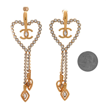 Chanel Metal Crystal CC Heart Chain Drop Clip On Earrings Gold 2 of 4