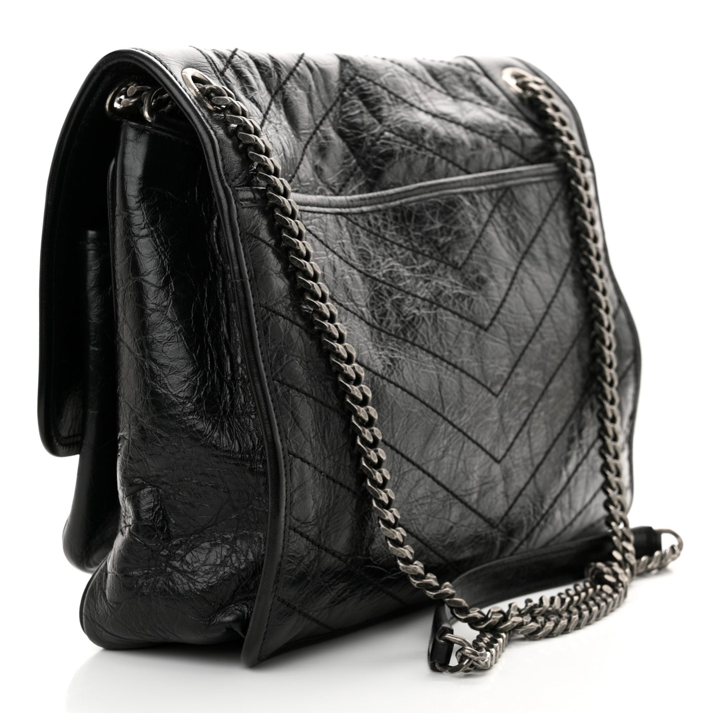 Crinkled Calfskin Matelasse Monogram Large Niki Chain Satchel Black