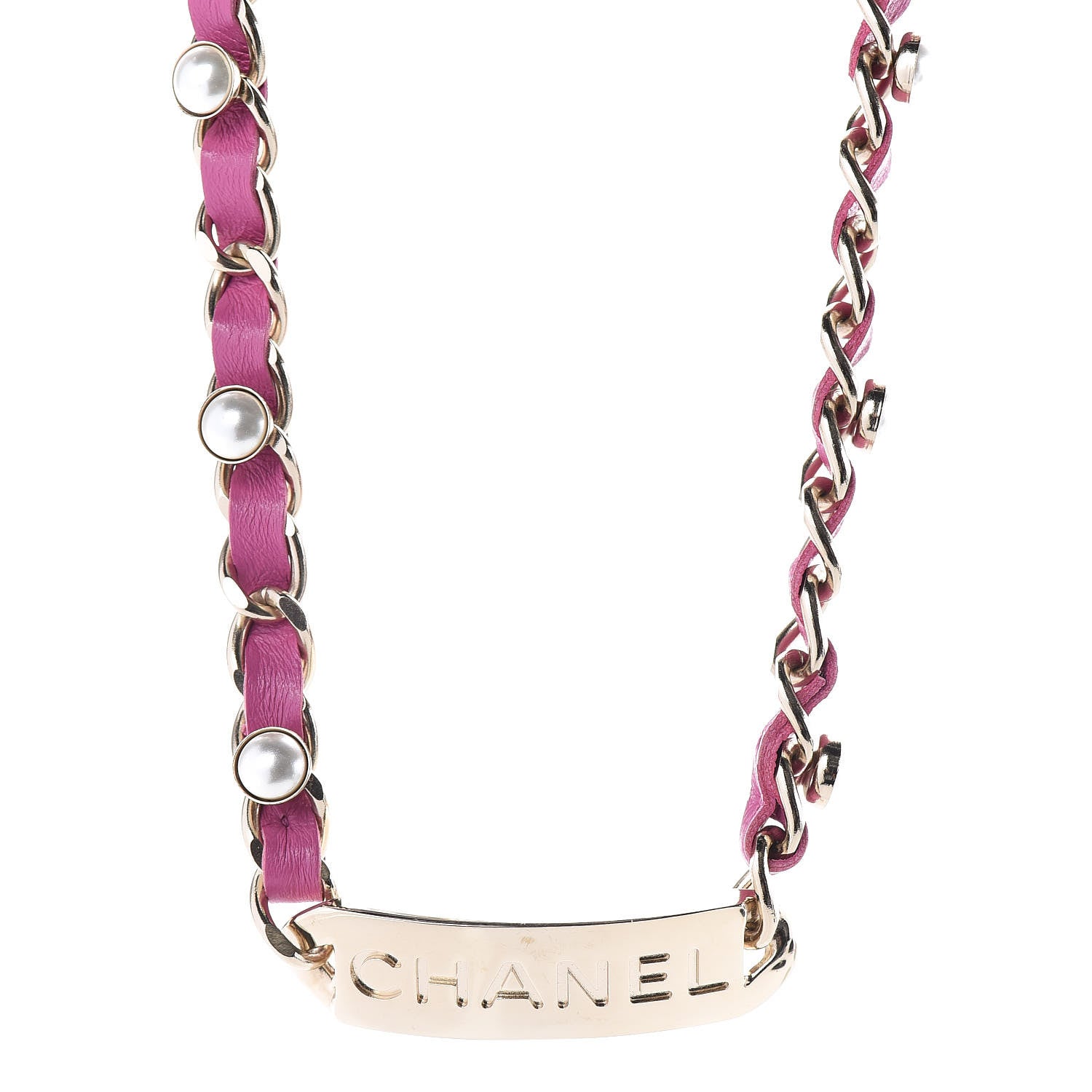 Chanel Metal Lambskin Pearl Name Plate Choker Necklace Pink Gold 1 of 5