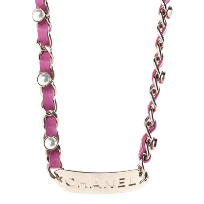 Chanel Metal Lambskin Pearl Name Plate Choker Necklace Pink Gold 1 of 5