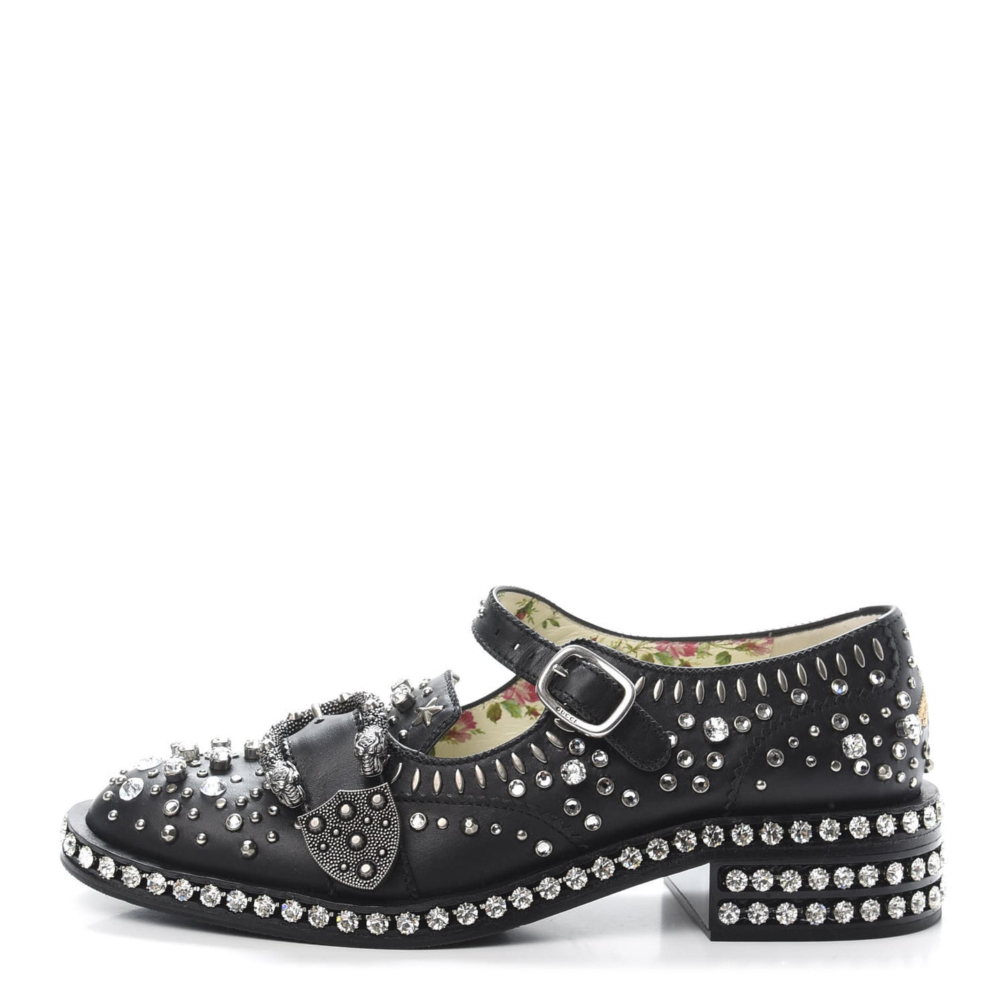 Calfskin Crystal Studded Womens Queercore Brogue Monk Strap Loafers 37.5 Black
