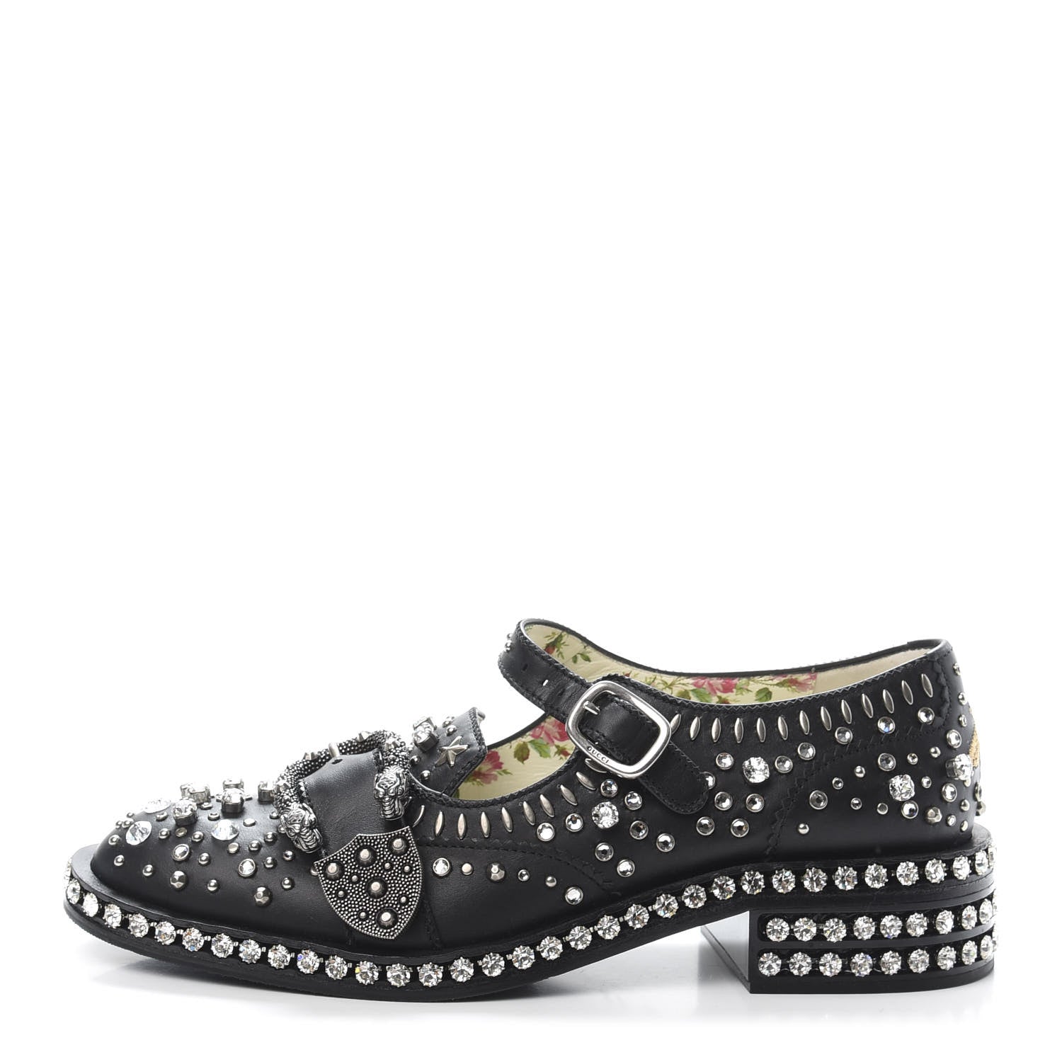 Gucci Calfskin Crystal Studded Womens Queercore Brogue Monk Strap Loafers 37.5 Black 1 of 10