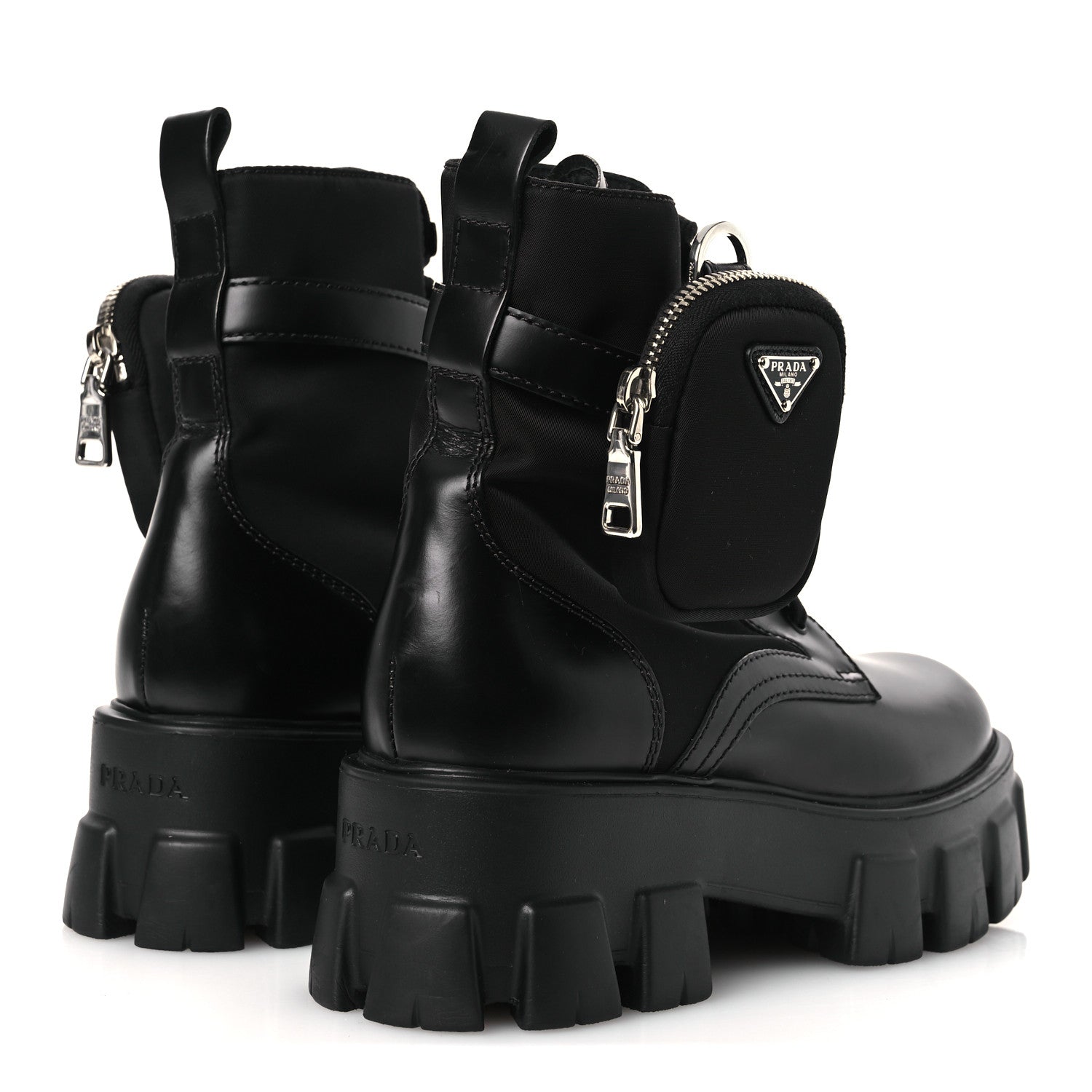 Prada Spazzolato Rois Nylon Metal Triangle Logo Monolith Pouch Pocket 55mm Boots 38 Black 5 of 12