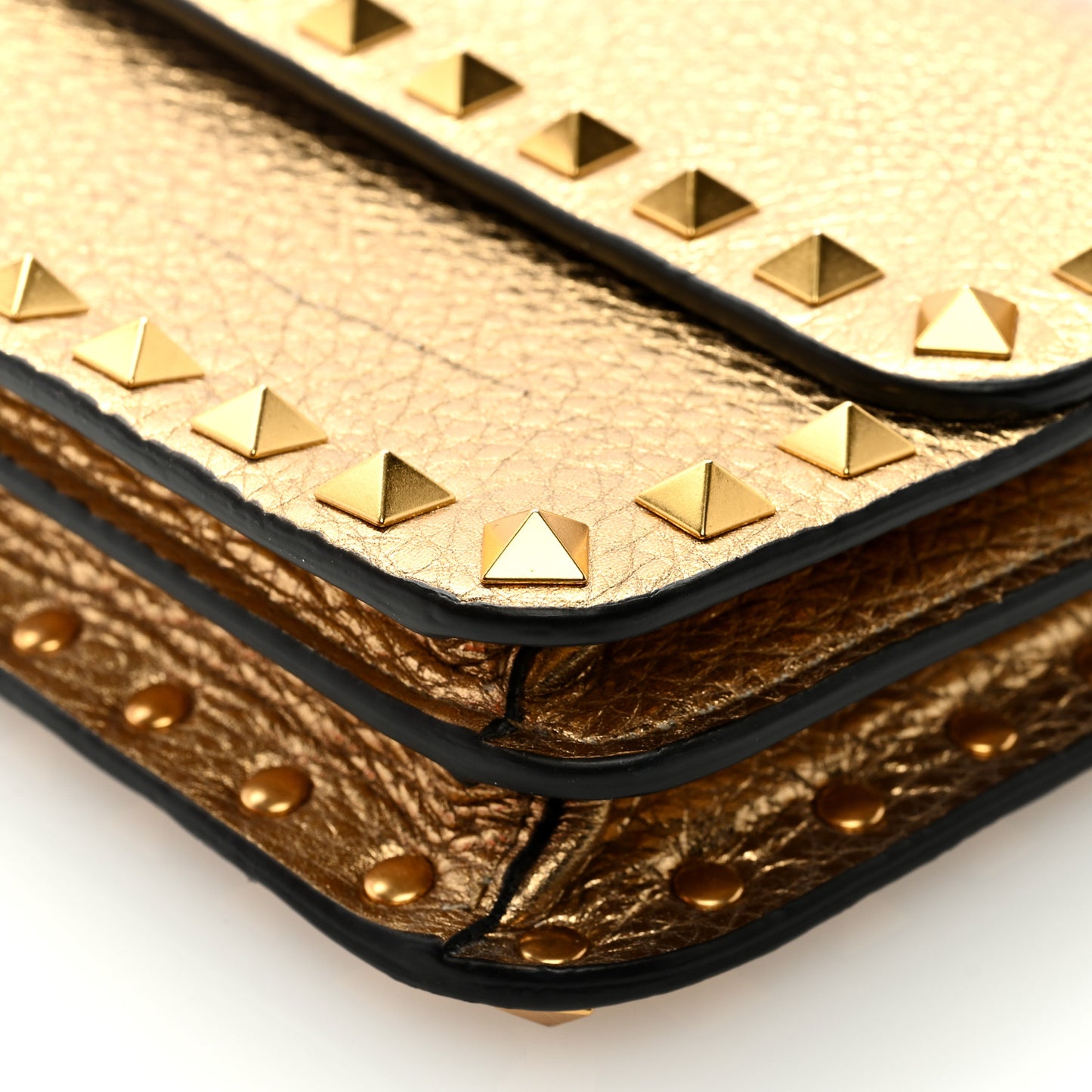 Pebbled Calfskin Rockstud Flap Wallet On Chain Soft Gold